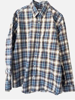 LANDS END MEN'S Large BLUE PLAID SHIRT TRADITIONAL FIT